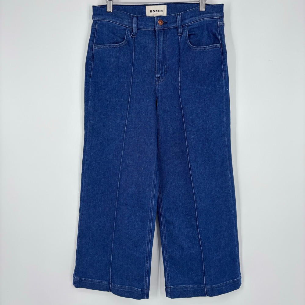 Boden Pintuck Seam Front Wide Leg Crop Jeans Womens 29x28 Dark Wash Blue